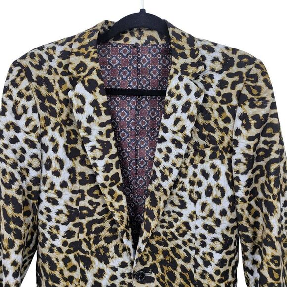 Leopard Print Mens Satin Blazer Jacket L/46 Single-Breasted Party Stage Suit - Picture 4 of 14